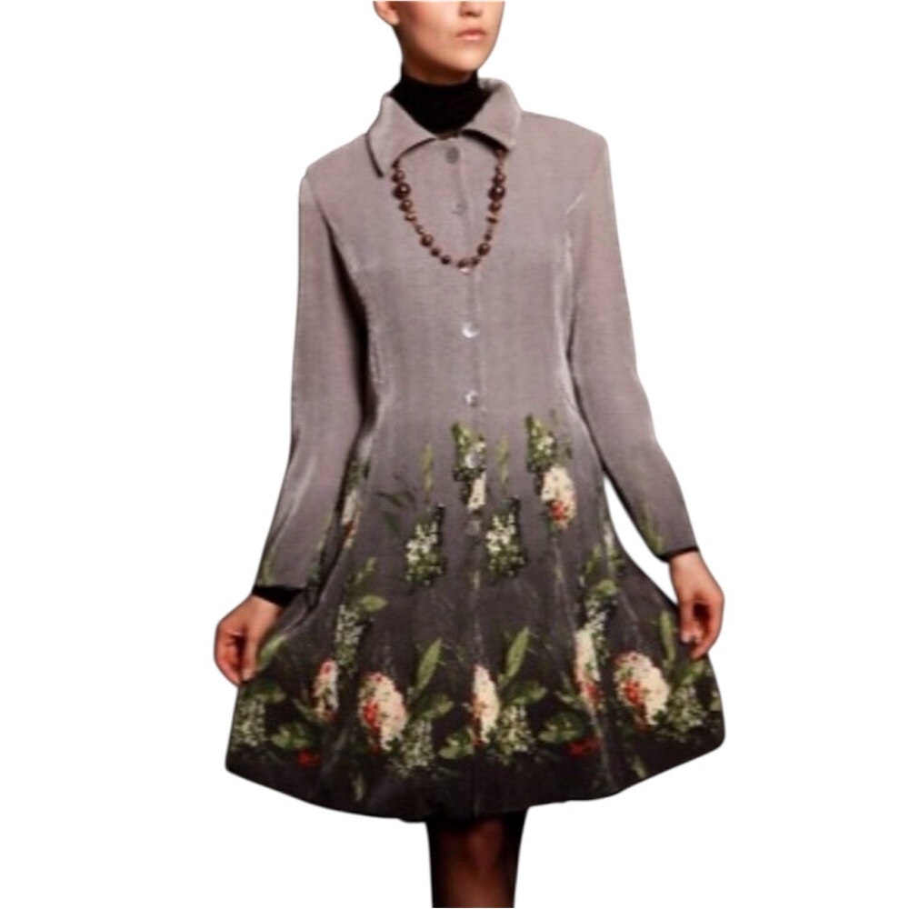 Accordion pleated gray & floral coat dress